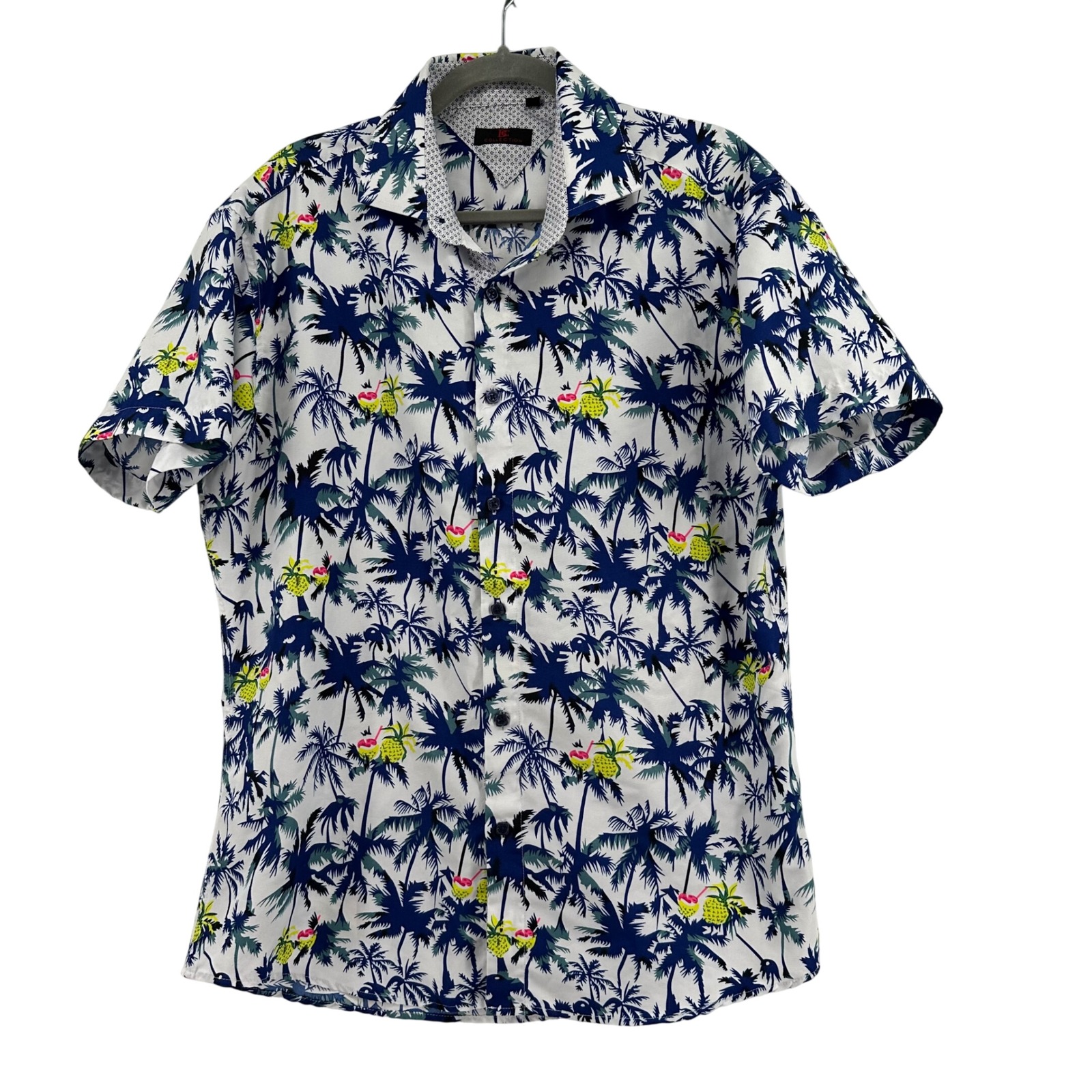 Bc Collection Hawaiian Button Down Shirt Mens L White Blue Tropical Palm Tree